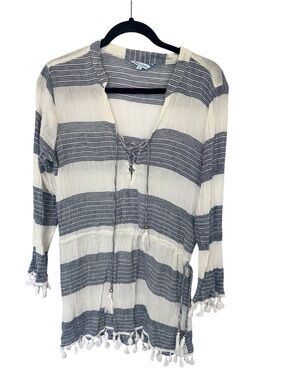 blue island Navy and White Striped Lace-Up Tunic top or cover up Cotton Blend